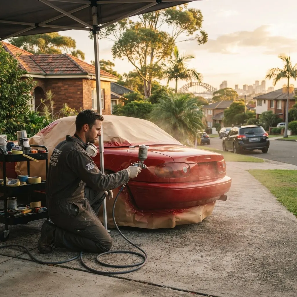 Illustrative mobile scratch repair scene with the Sydney Harbour Bridge