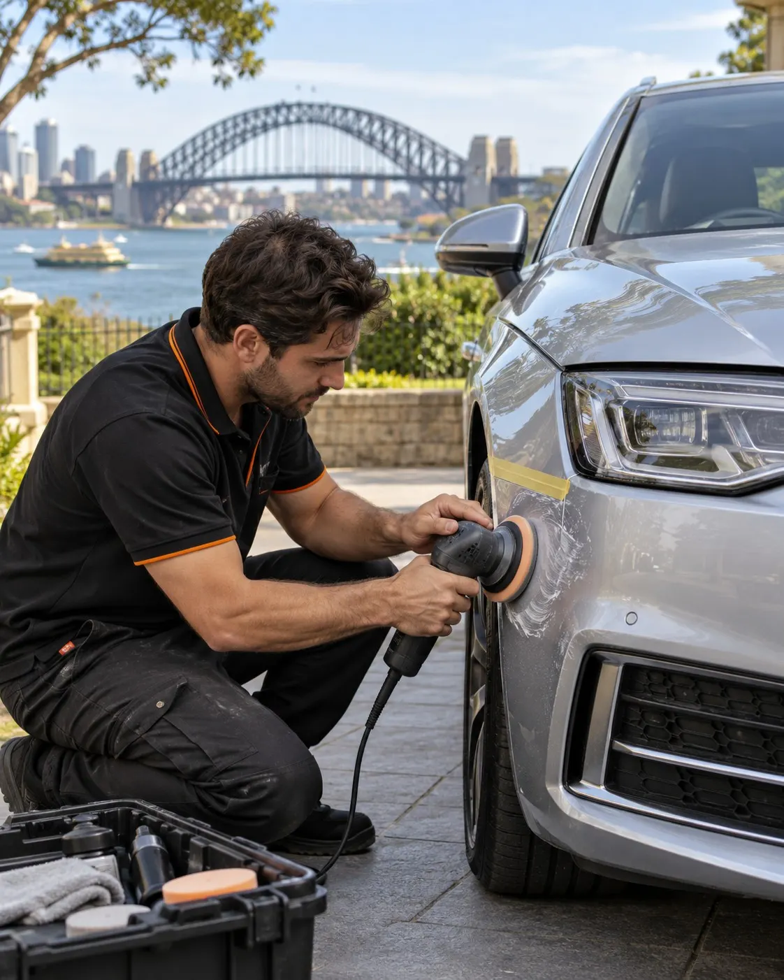 Illustrative mobile scratch repair scene with the Sydney Harbour Bridge